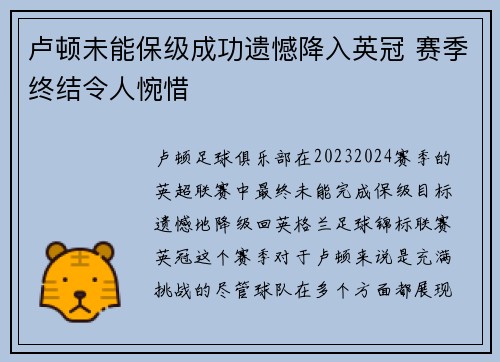 卢顿未能保级成功遗憾降入英冠 赛季终结令人惋惜