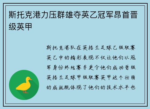 斯托克港力压群雄夺英乙冠军昂首晋级英甲